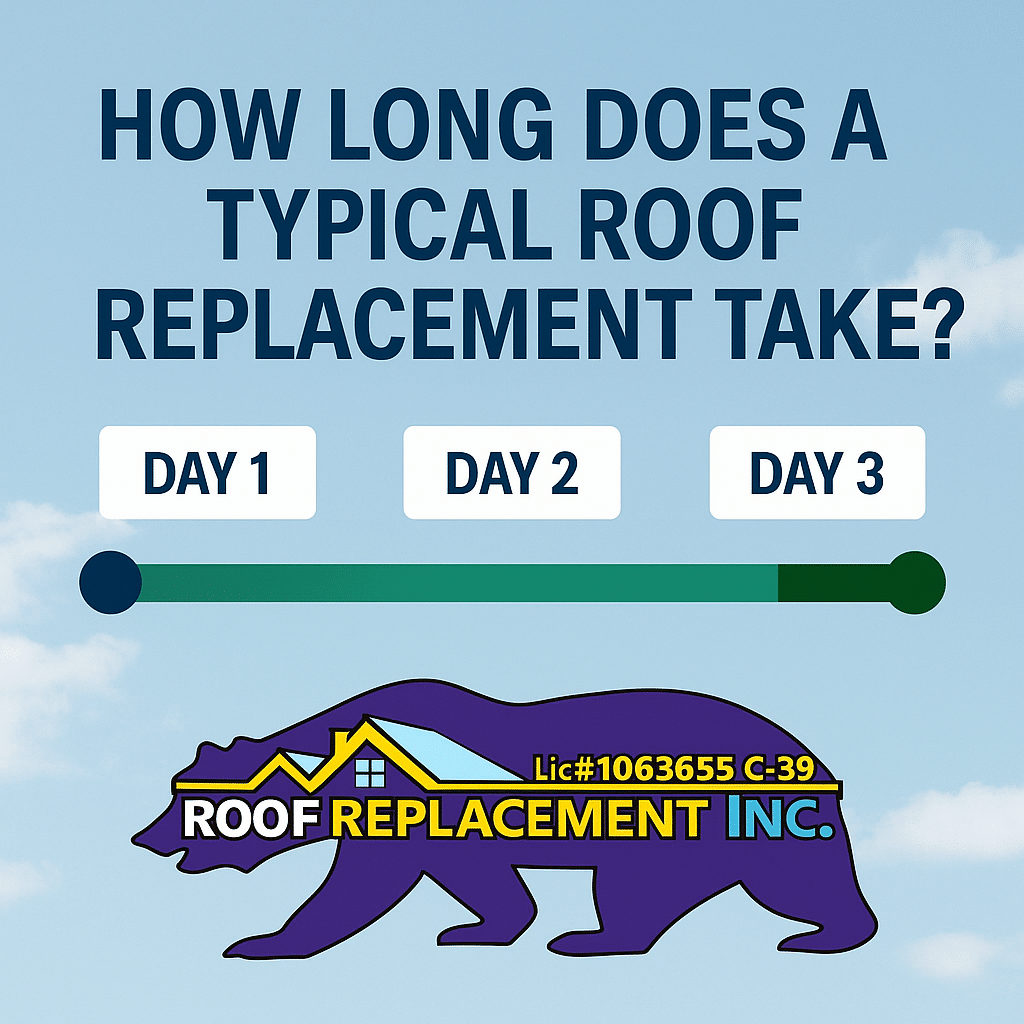 Typical roof replacement takes three days. Typical roof replacement takes three days.