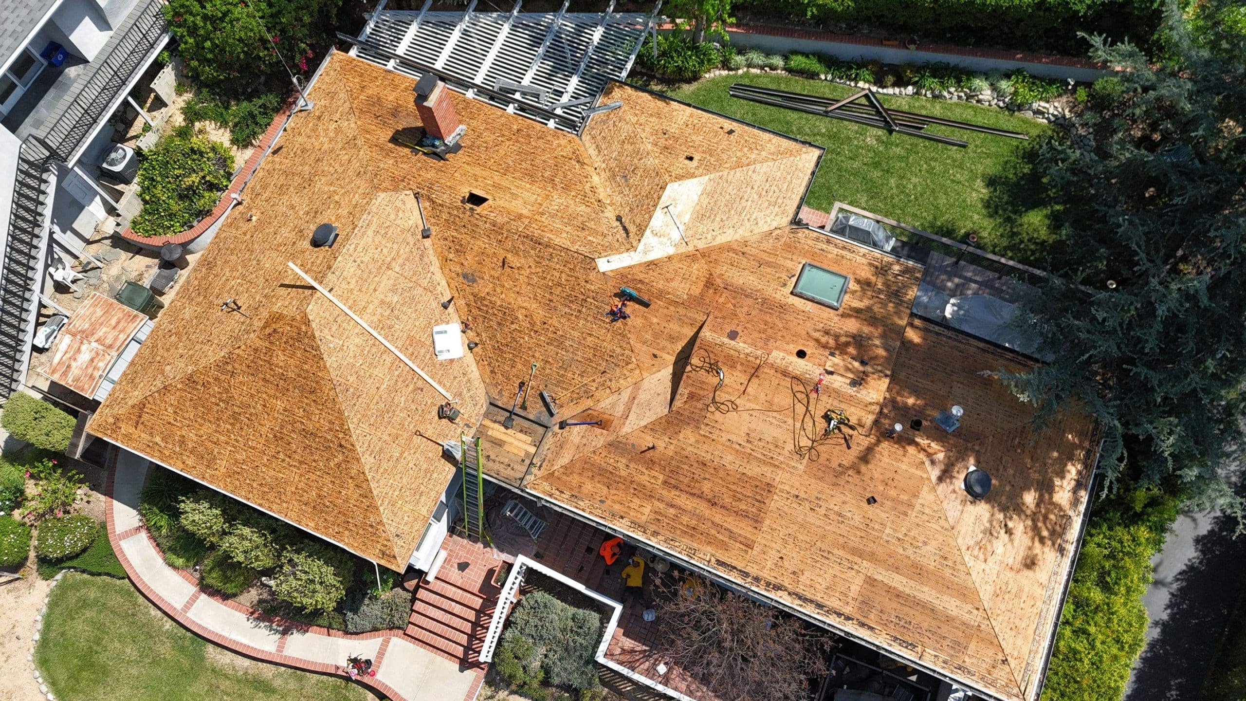 Aerial view of residential roof under renovation
