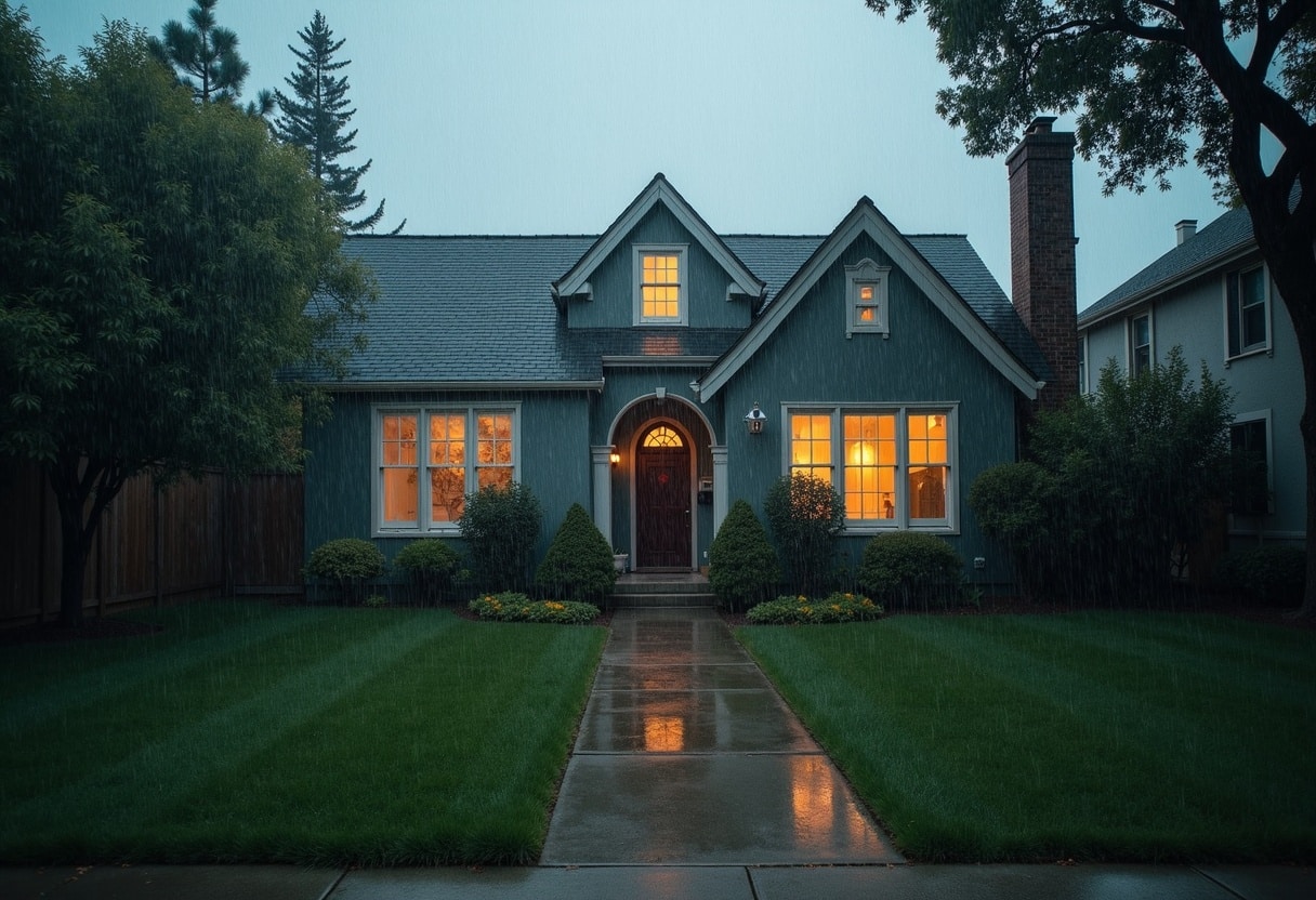 Cozy suburban house glowing at dusk in rain