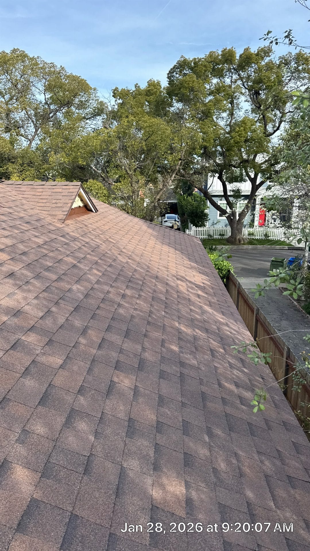 Asphalt shingle roof slope with dormer, wood fence alongside — Roof Replacement Inc
