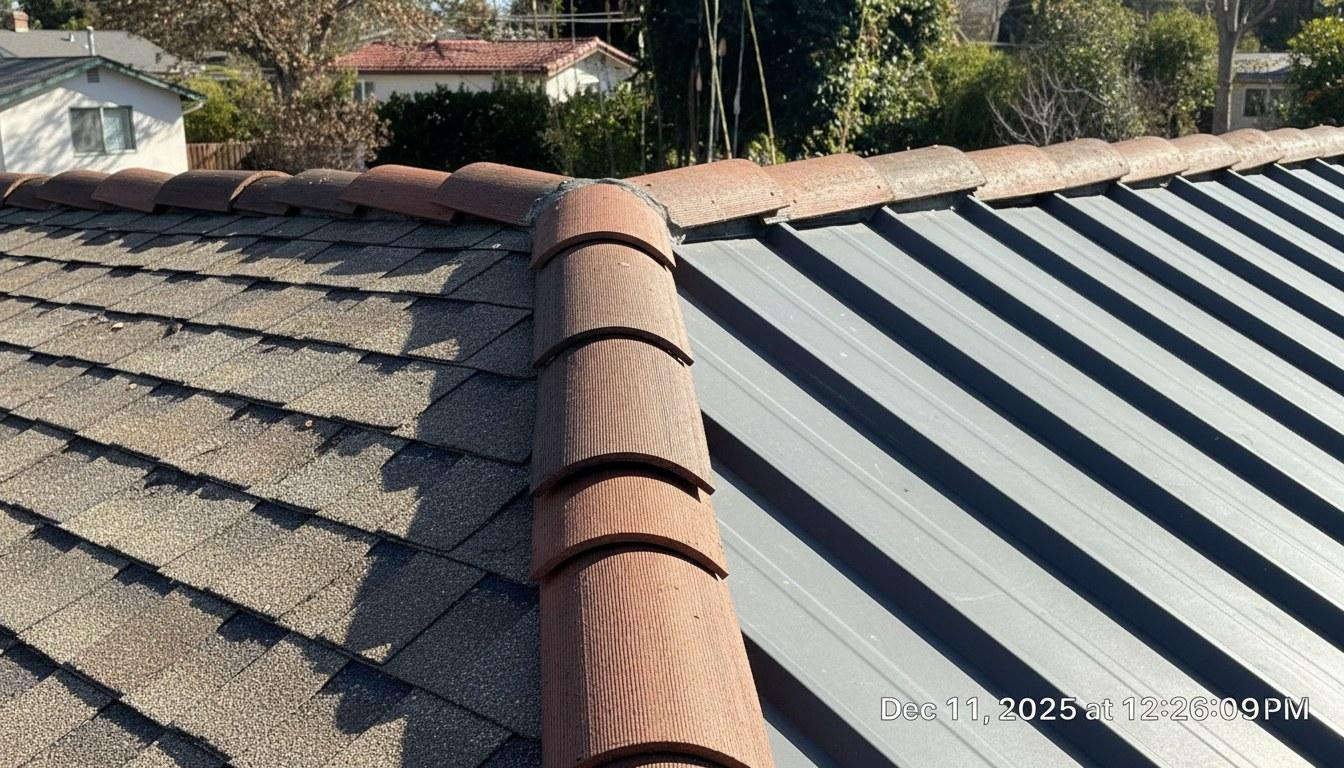 Side-by-side comparison of asphalt shingles, concrete tile, and metal roofing on a California home