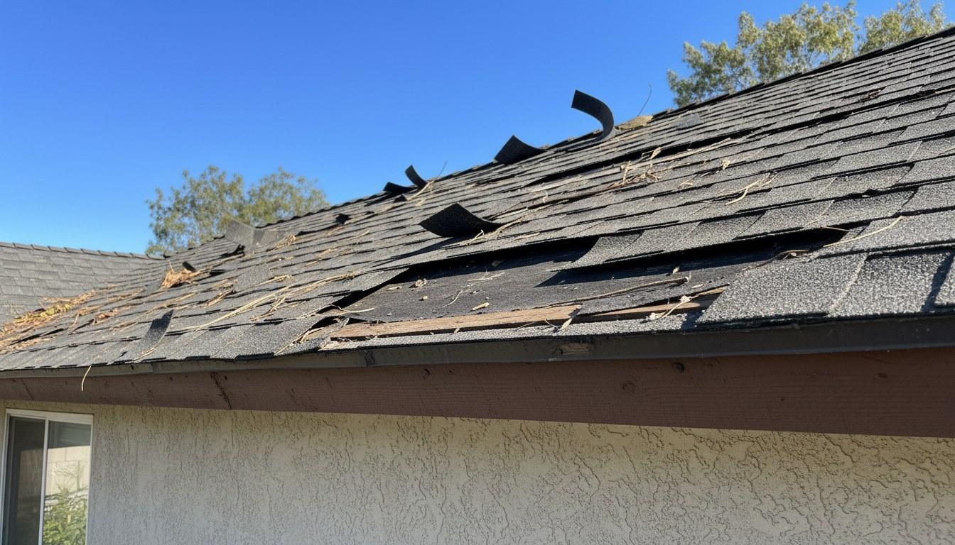 Wind-damaged asphalt shingle roof with lifted and missing shingles exposing underlayment, Southern California home