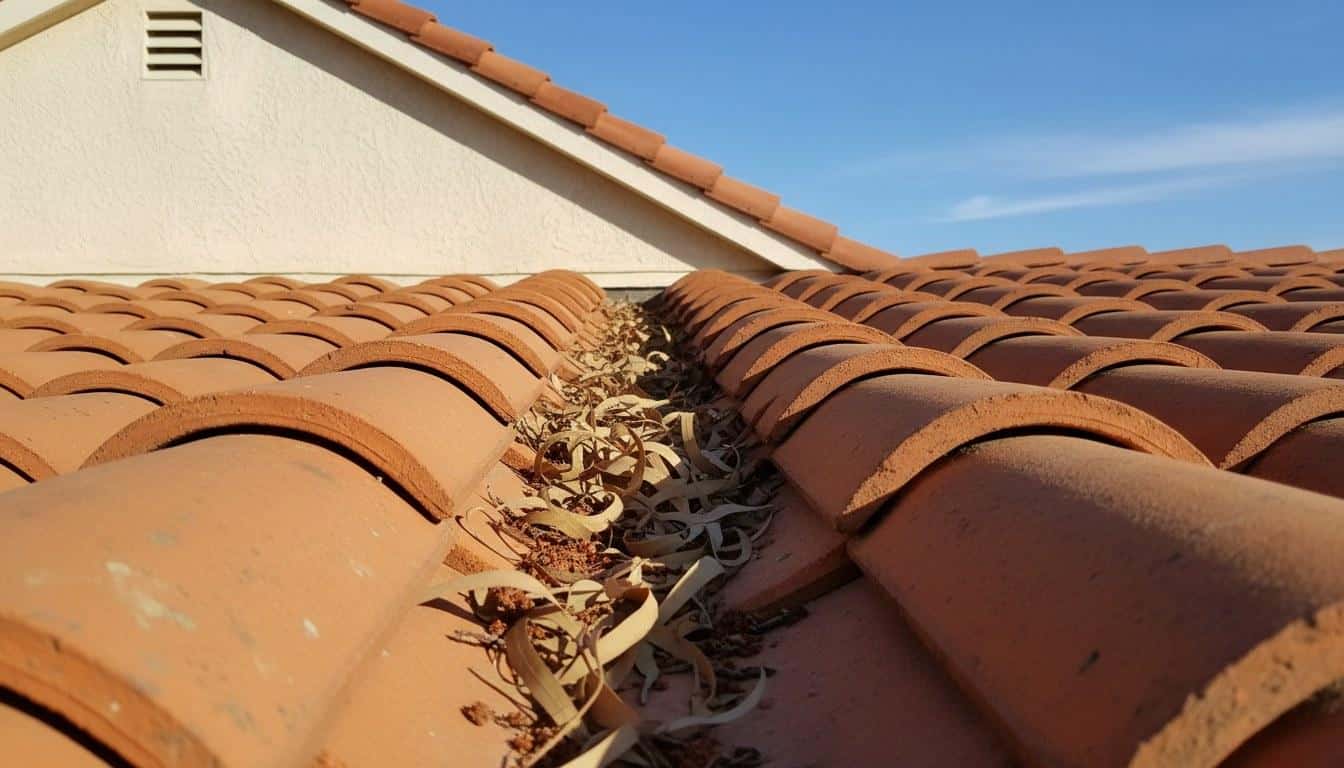 Clay tile roof on a California home in fall showing leaf debris in the valley before winter rain season