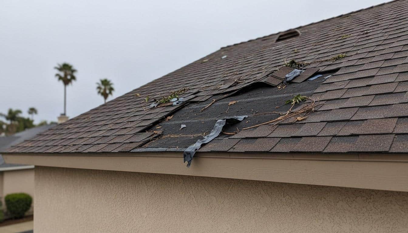 California residential roof with missing shingles and exposed underlayment after a heavy rainstorm